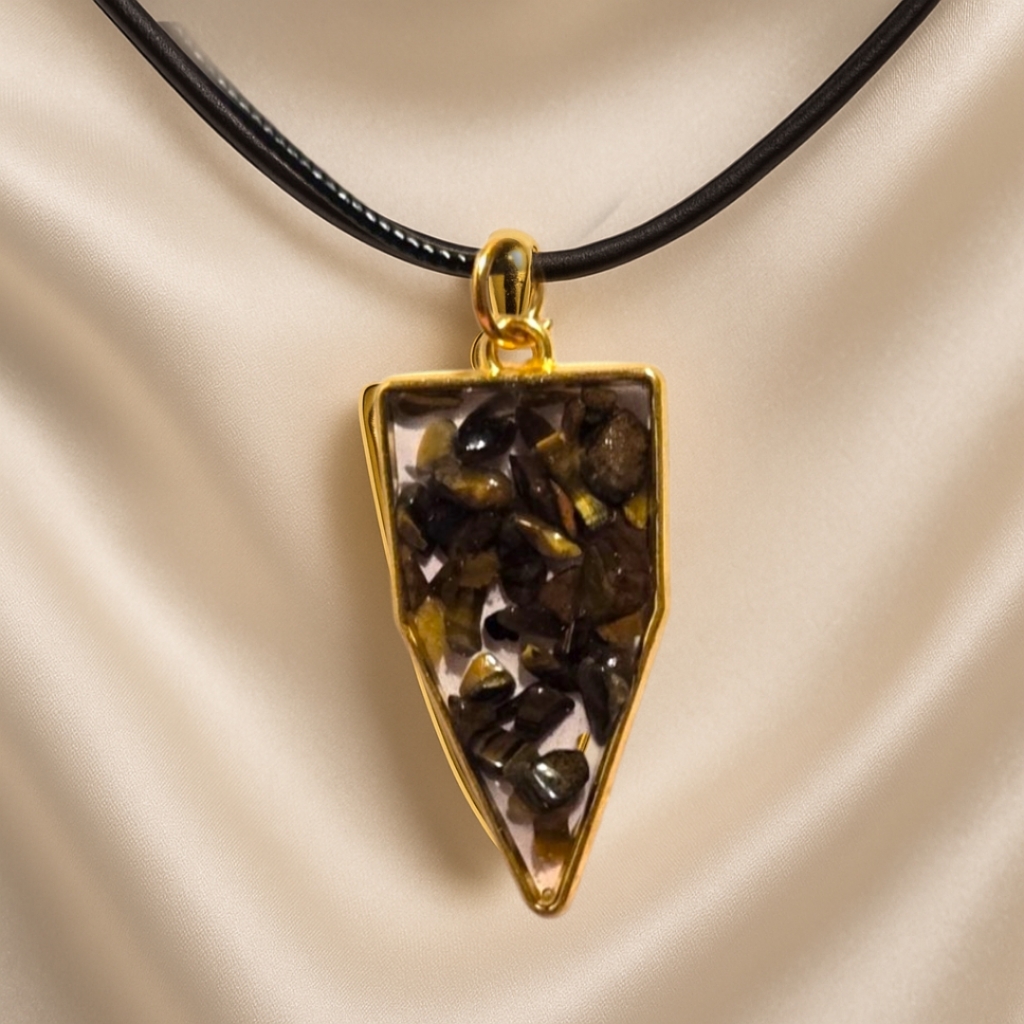 Tigers Eye Geometric Pendant Necklace With Black Leather Cord